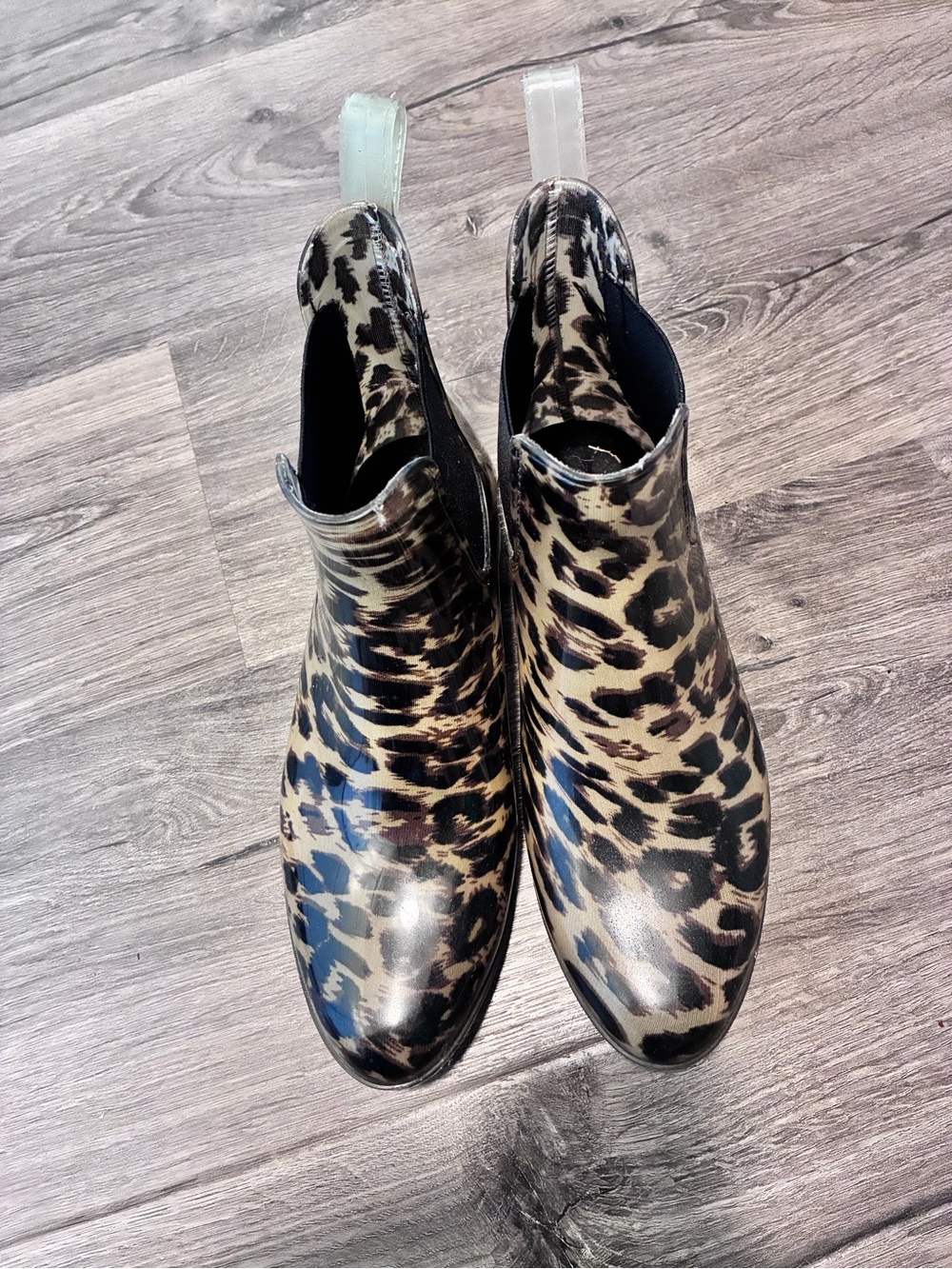 J. Crew Leopard-Print Chelsea Rain Booties in Tan and Black